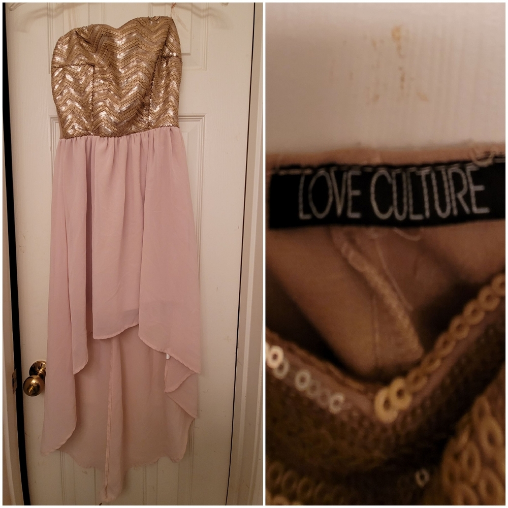 Love Culture homecoming pink and gold high low dress sequins
